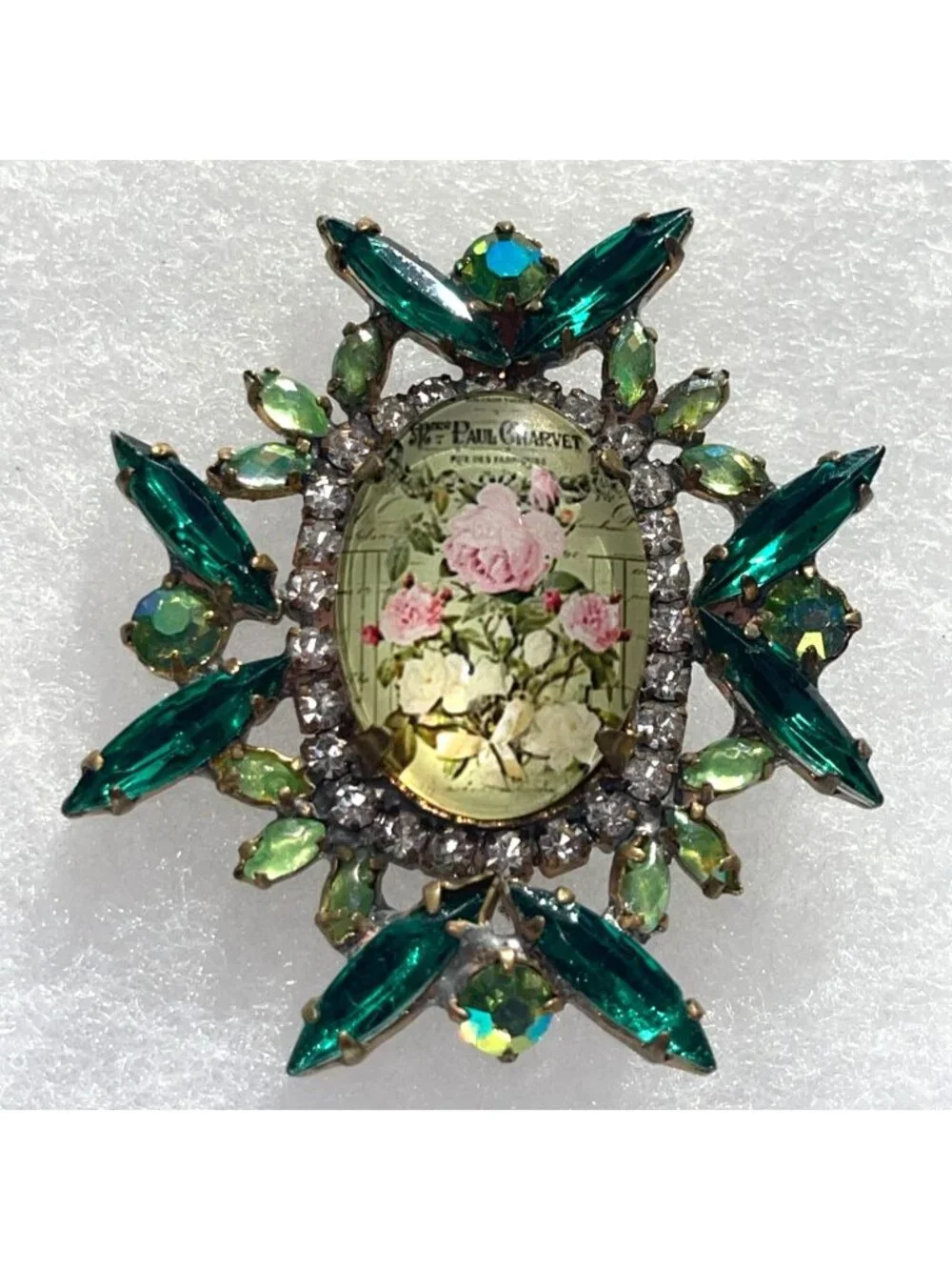 Vintage Czech Paul Charvet Floral Glass Brooch With Emerald Green Rhinestones Pi